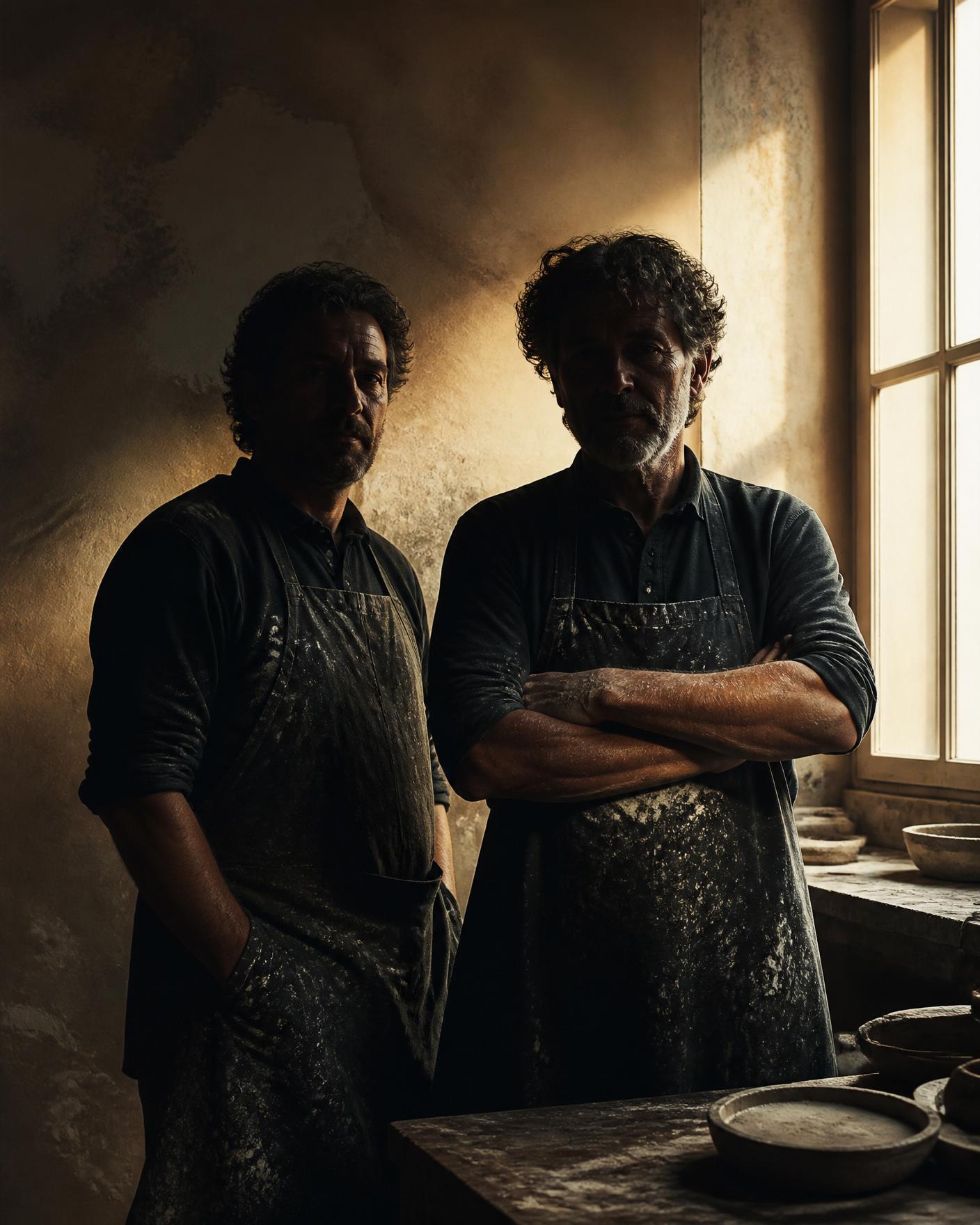 Ritratto atmosferico dei due soci fondatori nell'atelier di Bessica di Loria